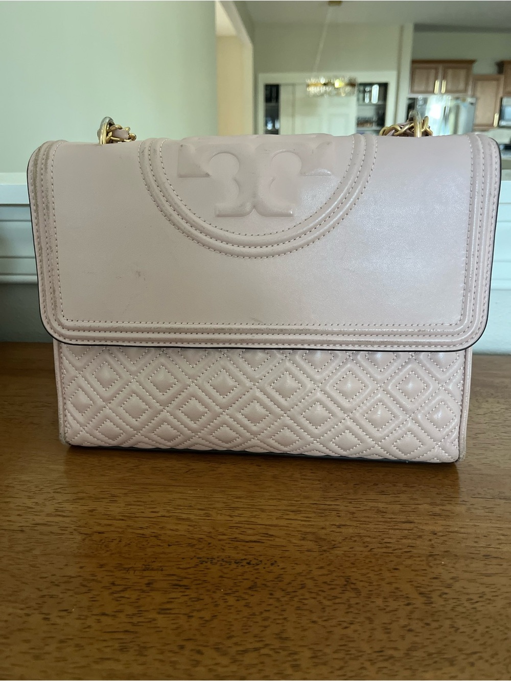 Tory Burch Blush Quilted Leather Shoulder Bag with Gold Chain